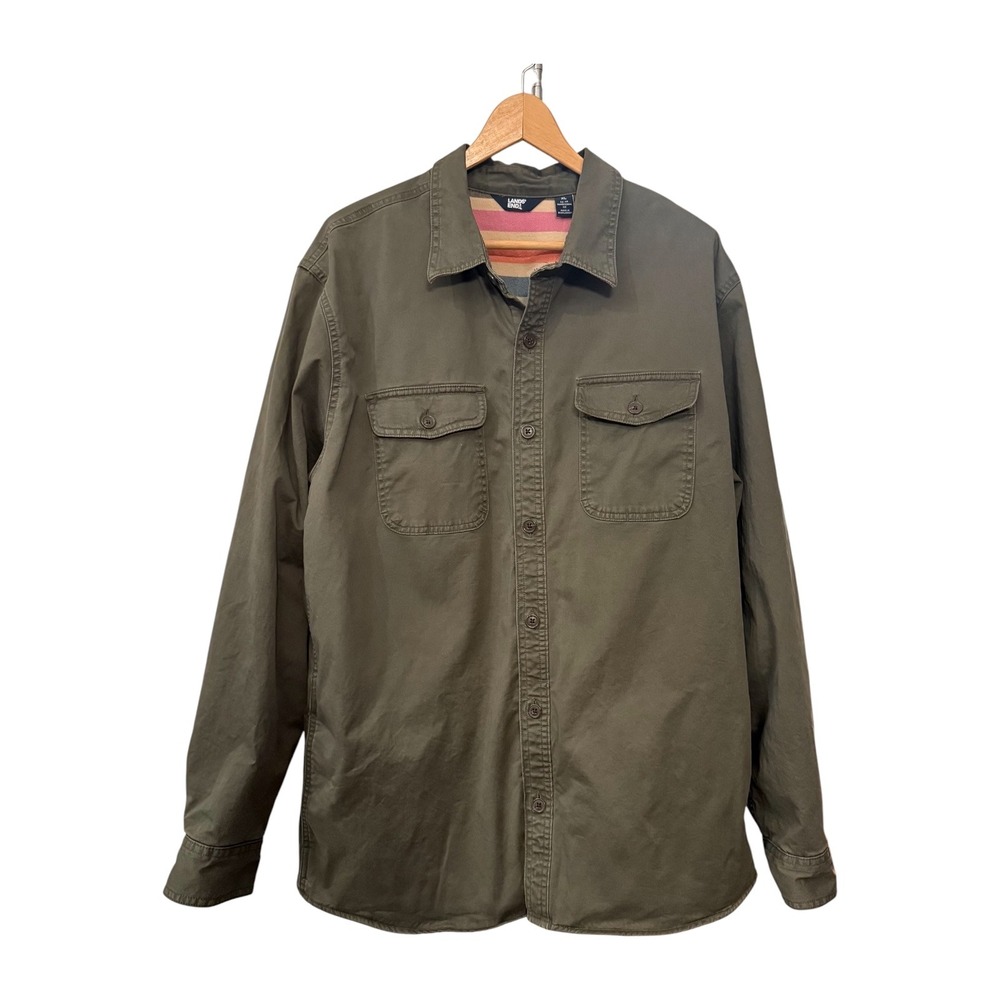Lands' End Men's Olive Green Flannel Lined Shirt Jacket Traditional Fit Size XL